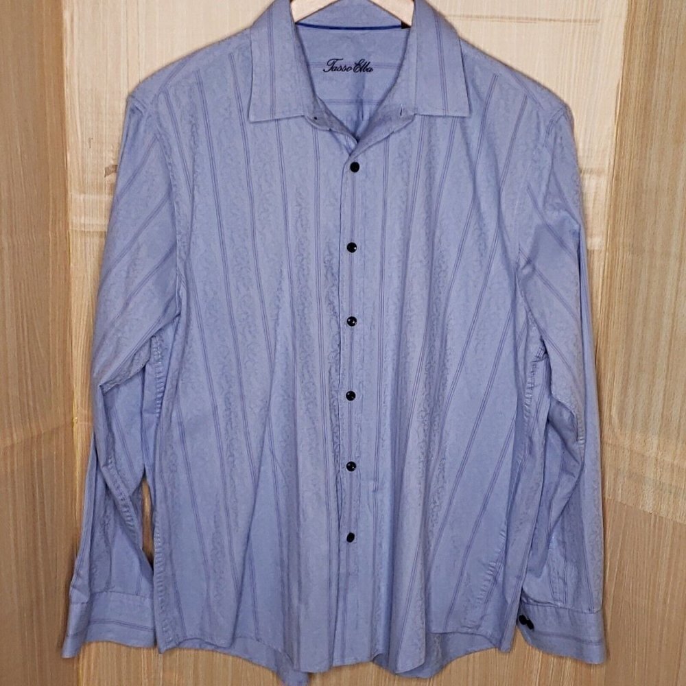 Tasso Elba Mens Blue Stripe Floral Print Long Sleeve Button Down XL 17-17 1/2